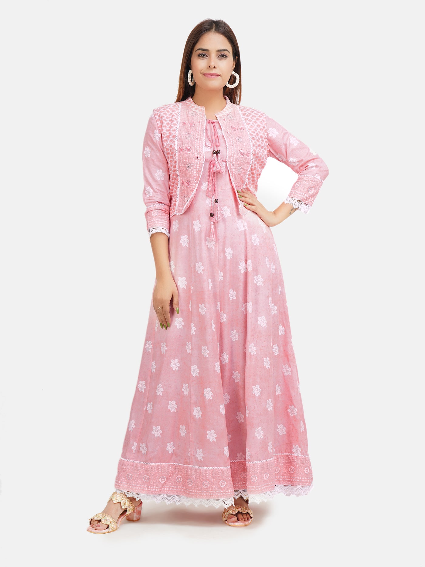 Women's Pink & White Ethnic Motifs Printed Long Flared Gown in Kali Pattern With Jacket and Hand Adda Work