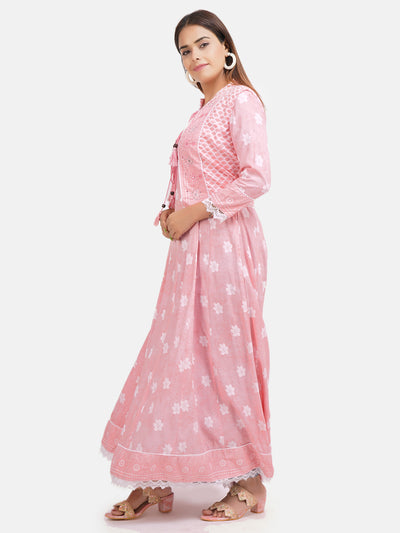 Women's Pink & White Ethnic Motifs Printed Long Flared Gown in Kali Pattern With Jacket and Hand Adda Work