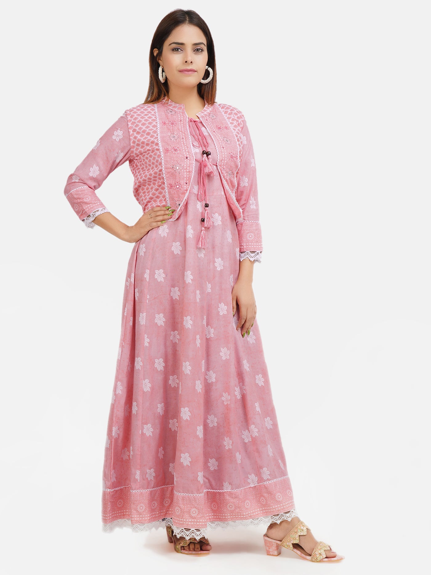 Women's Pink & White Ethnic Motifs Printed Long Flared Gown in Kali Pattern With Jacket and Hand Adda Work