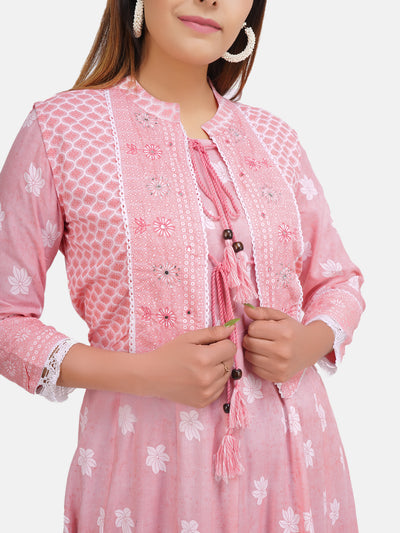 Women's Pink & White Ethnic Motifs Printed Long Flared Gown in Kali Pattern With Jacket and Hand Adda Work