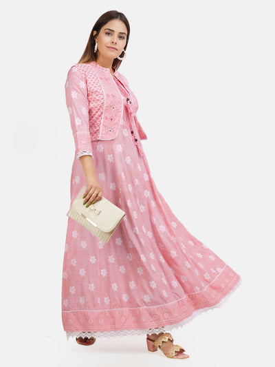 Women's Pink & White Ethnic Motifs Printed Long Flared Gown in Kali Pattern With Jacket and Hand Adda Work