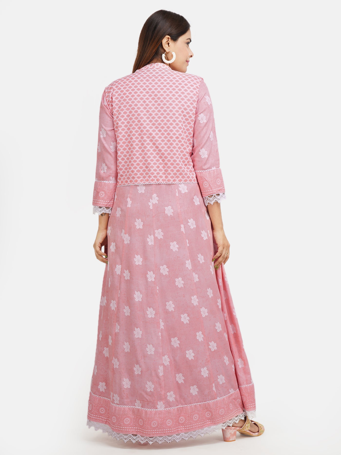 Women's Pink & White Ethnic Motifs Printed Long Flared Gown in Kali Pattern With Jacket and Hand Adda Work