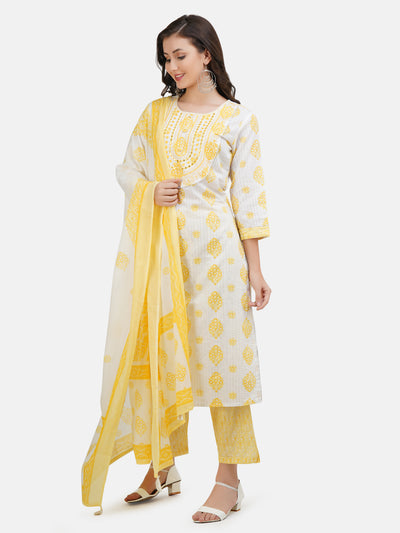 Women's Yellow Cotton Embroidered Printed Kurta with Pant and Dupatta Set