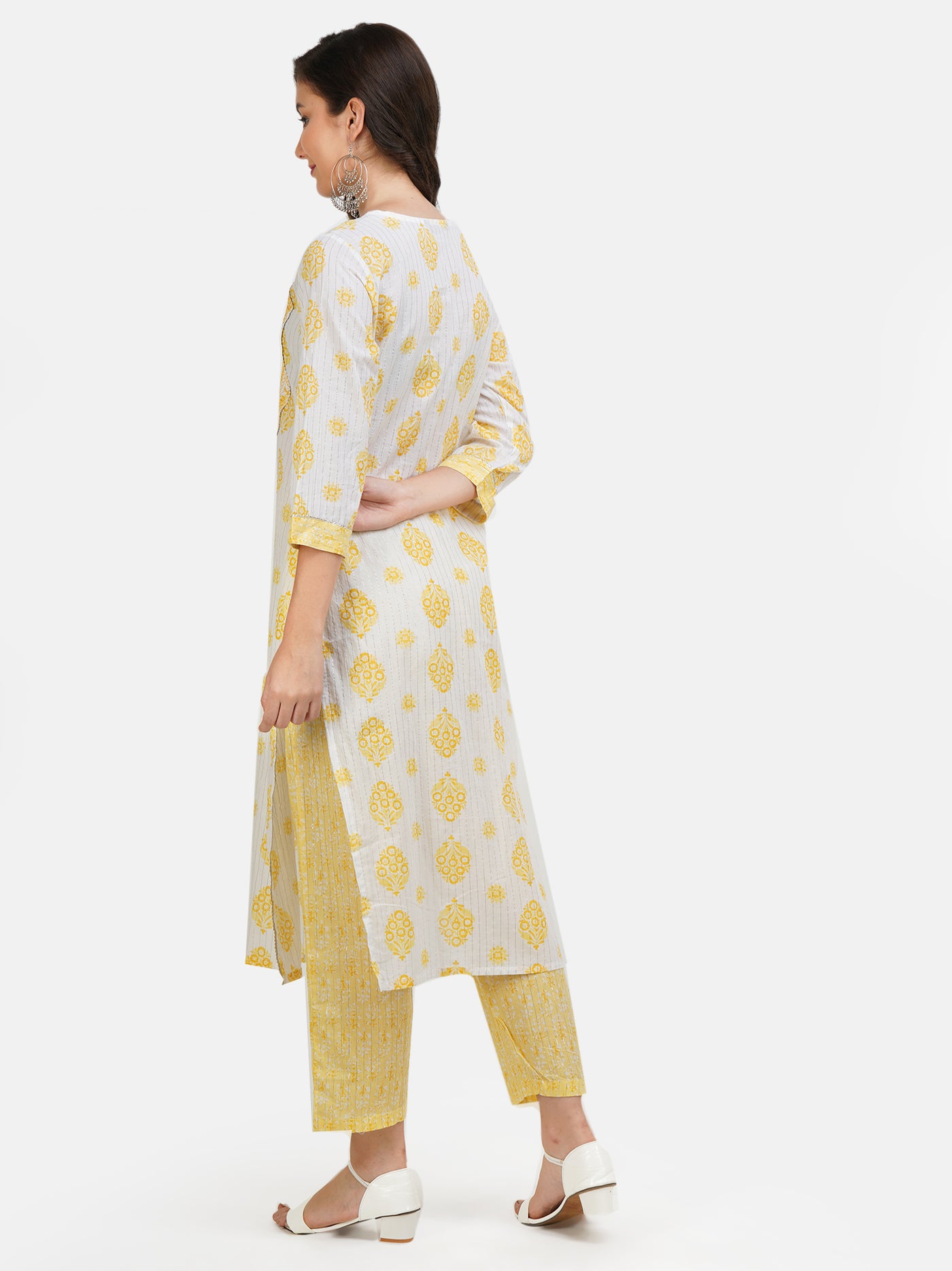 Women's Yellow Cotton Embroidered Printed Kurta with Pant and Dupatta Set