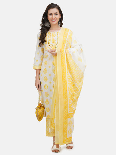 Women's Yellow Cotton Embroidered Printed Kurta with Pant and Dupatta Set