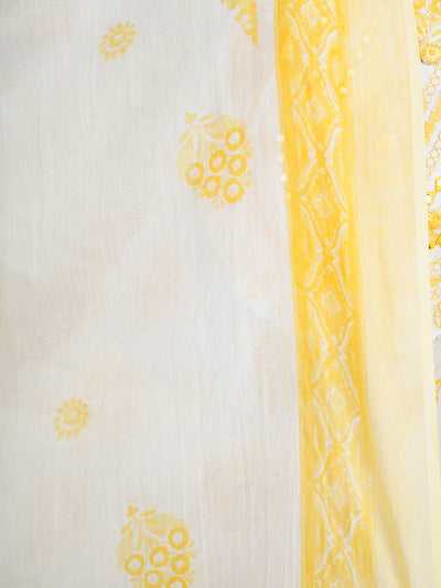 Women's Yellow Cotton Embroidered Printed Kurta with Pant and Dupatta Set