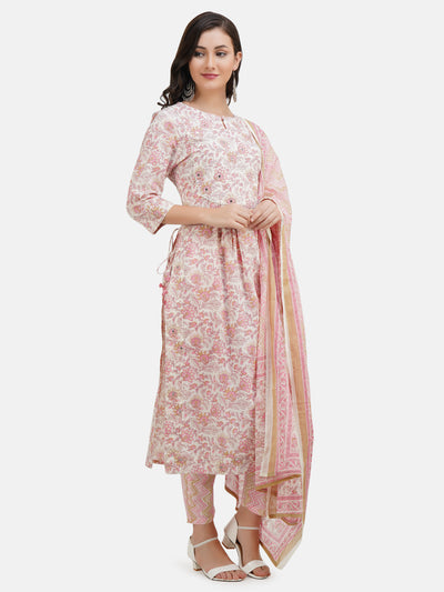 Women's Cotton Floral Printed Embroidered Naira Cut Kurta with Pant and Dupatta Set | Kurta Set for Women