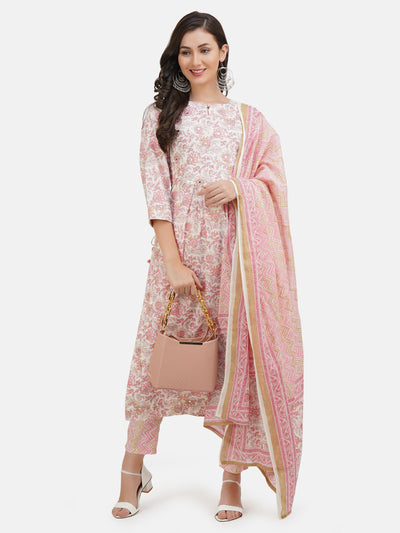 Women's Cotton Floral Printed Embroidered Naira Cut Kurta with Pant and Dupatta Set | Kurta Set for Women