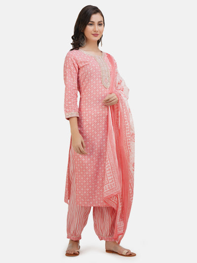 Women's Pink Ethnic Motif Printed Cotton Embroidered Kurta With Salwar & Dupatta