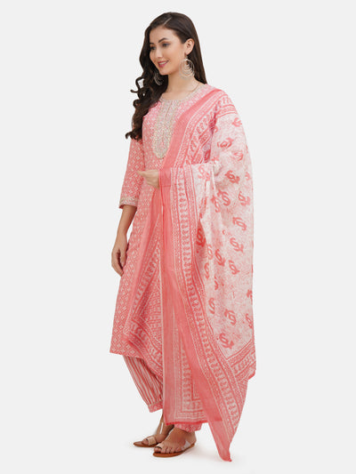 Women's Pink Ethnic Motif Printed Cotton Embroidered Kurta With Salwar & Dupatta