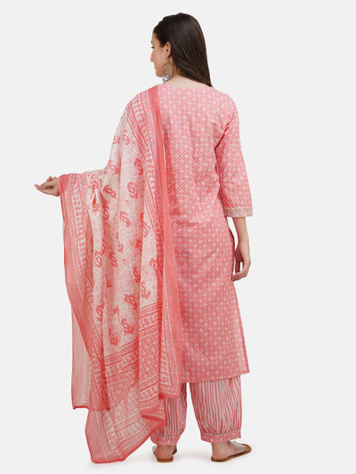 Women's Pink Ethnic Motif Printed Cotton Embroidered Kurta With Salwar & Dupatta