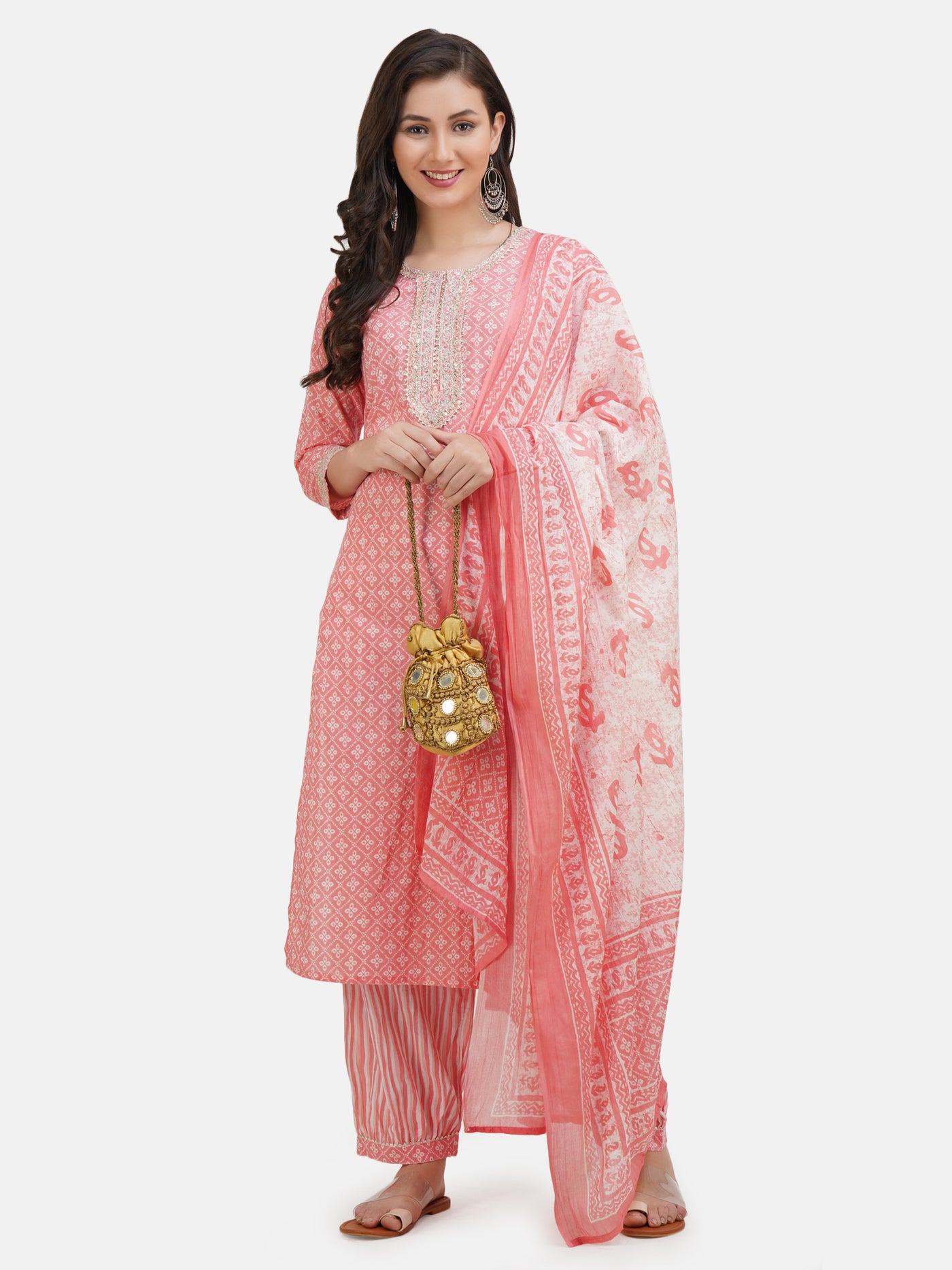 Women's Pink Ethnic Motif Printed Cotton Embroidered Kurta With Salwar & Dupatta