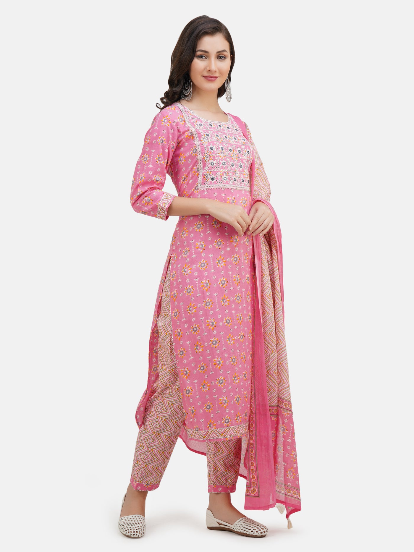 Women's Pink Ethnic Motifs Printed Embroidered Cotton Kurta Having Gota Work With Trouser & Dupatta