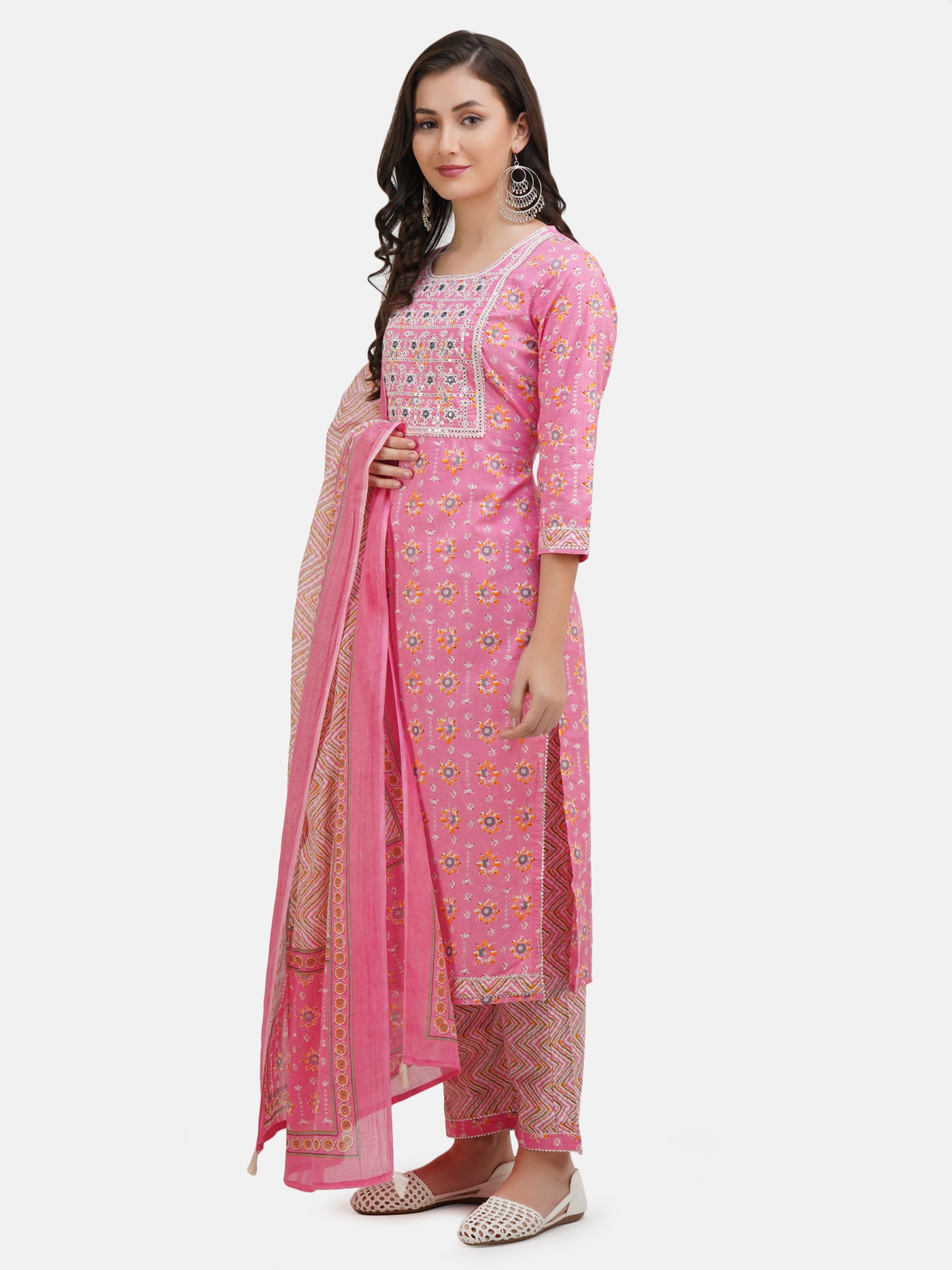 Women's Pink Ethnic Motifs Printed Embroidered Cotton Kurta Having Gota Work With Trouser & Dupatta