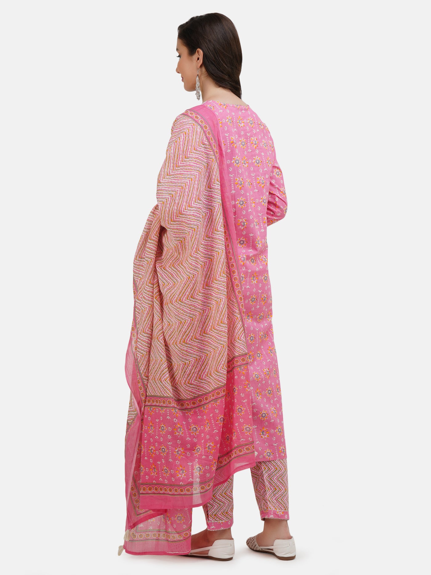 Women's Pink Ethnic Motifs Printed Embroidered Cotton Kurta Having Gota Work With Trouser & Dupatta