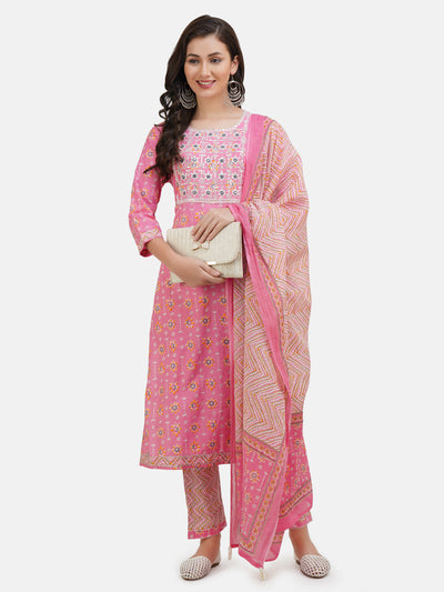 Women's Pink Ethnic Motifs Printed Embroidered Cotton Kurta Having Gota Work With Trouser & Dupatta