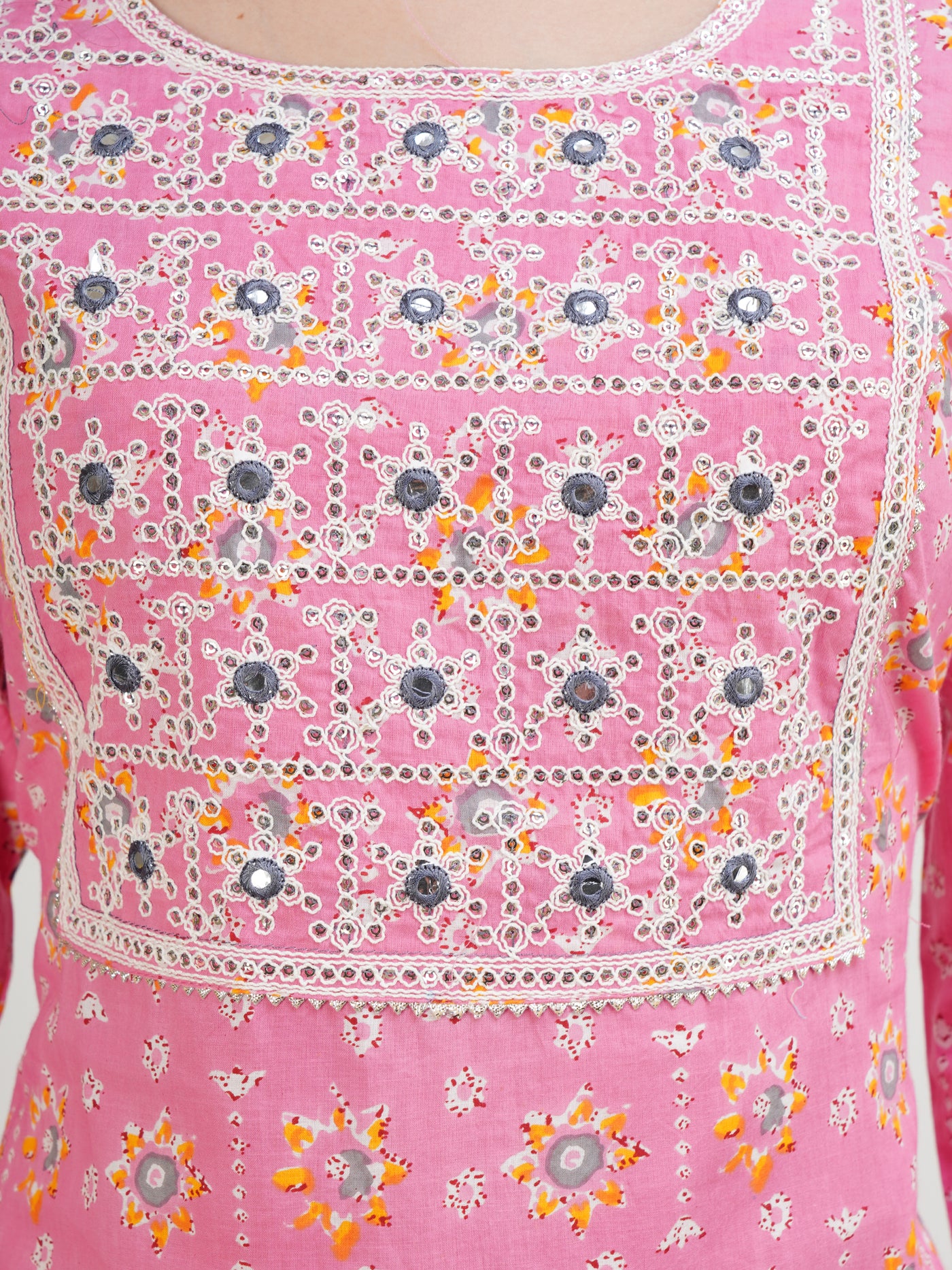 Women's Pink Ethnic Motifs Printed Embroidered Cotton Kurta Having Gota Work With Trouser & Dupatta