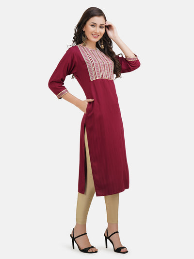 Women's Maroon Embroidered Straight Kurta