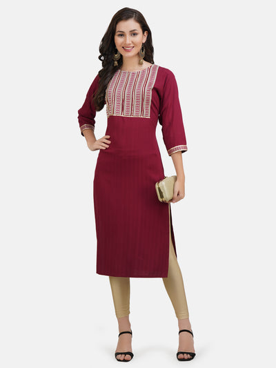 Women's Maroon Embroidered Straight Kurta