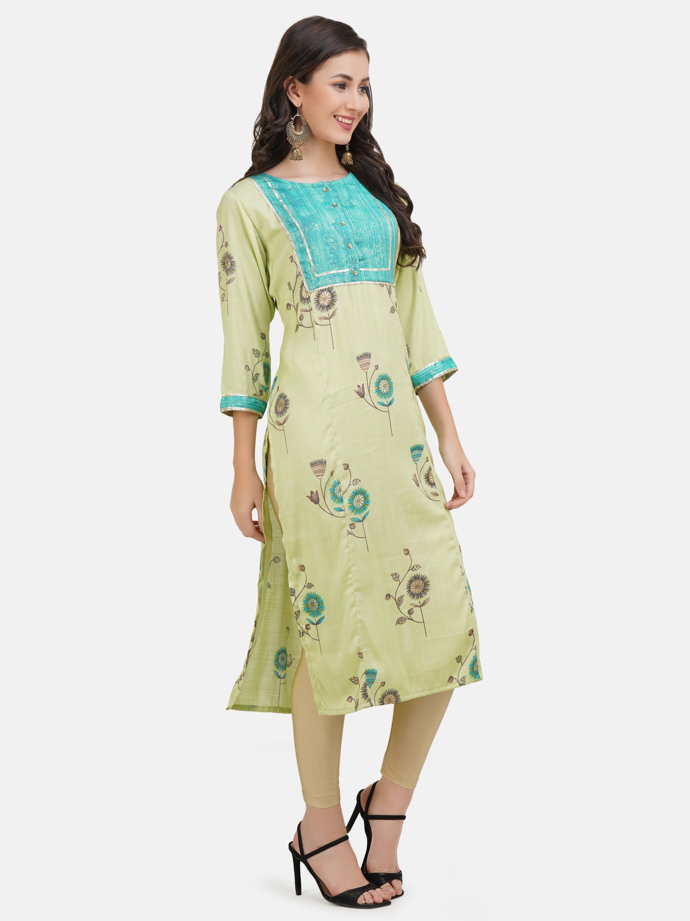 Women's Lime Green Floral Printed Gota Worked Straight Kurta