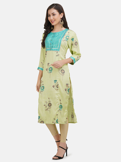 Women's Lime Green Floral Printed Gota Worked Straight Kurta