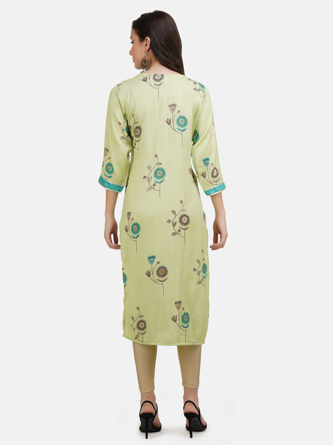 Women's Lime Green Floral Printed Gota Worked Straight Kurta