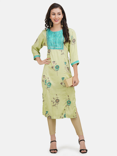 Women's Lime Green Floral Printed Gota Worked Straight Kurta