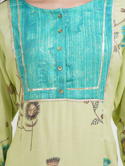 Women's Lime Green Floral Printed Gota Worked Straight Kurta