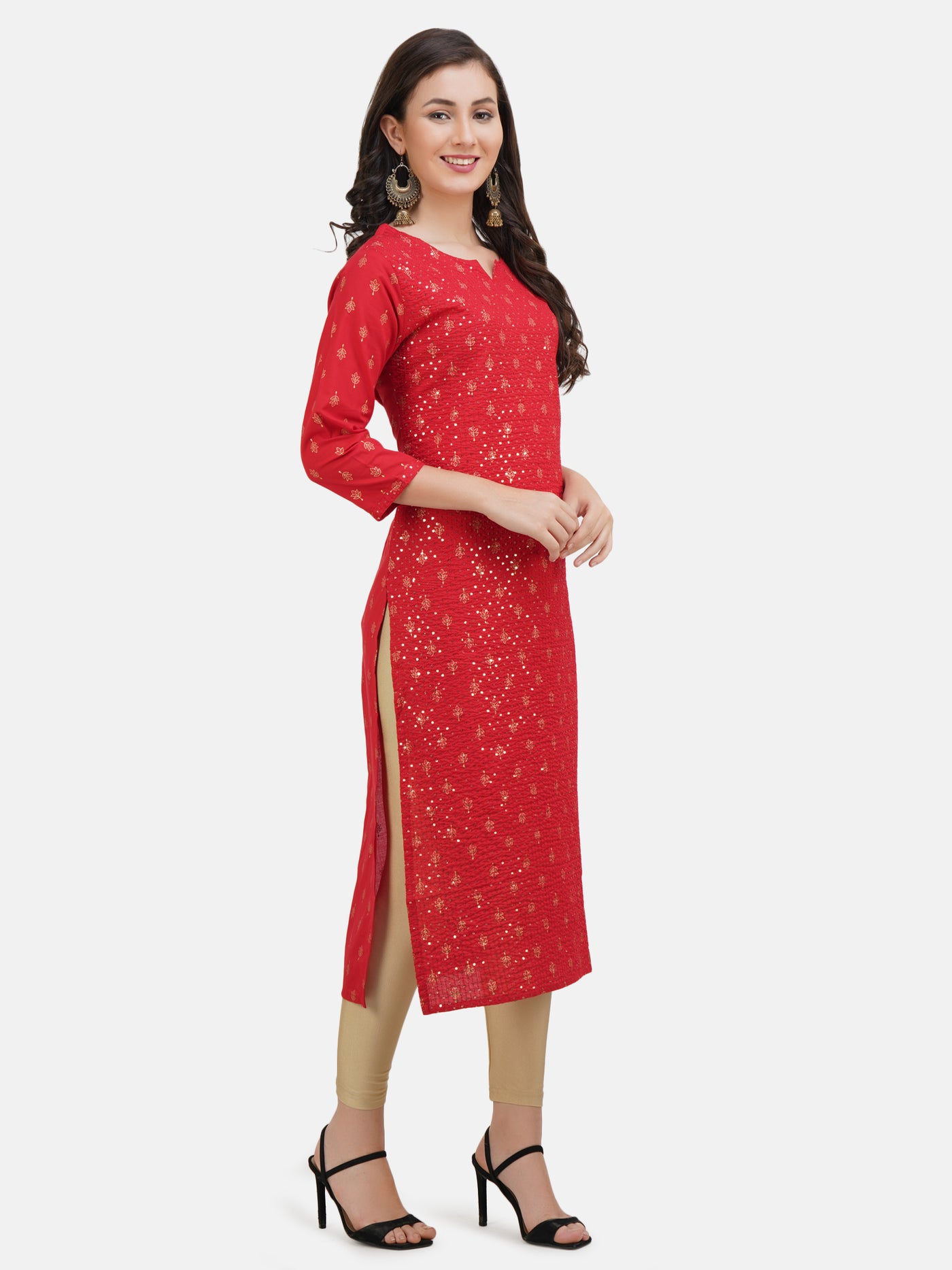 Women's Red Printed Cotton Kurta With Sequinned and Thread Work