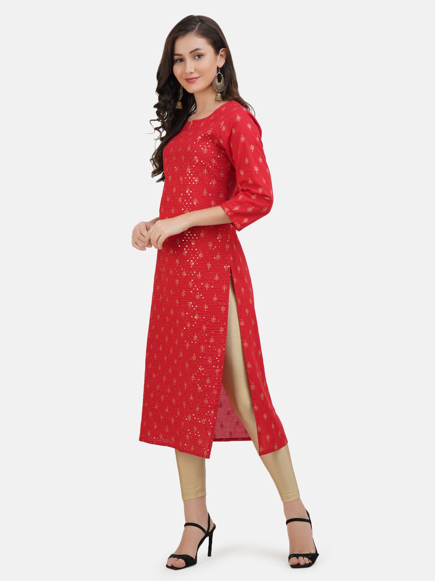 Women's Red Printed Cotton Kurta With Sequinned and Thread Work