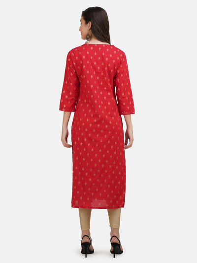 Women's Red Printed Cotton Kurta With Sequinned and Thread Work