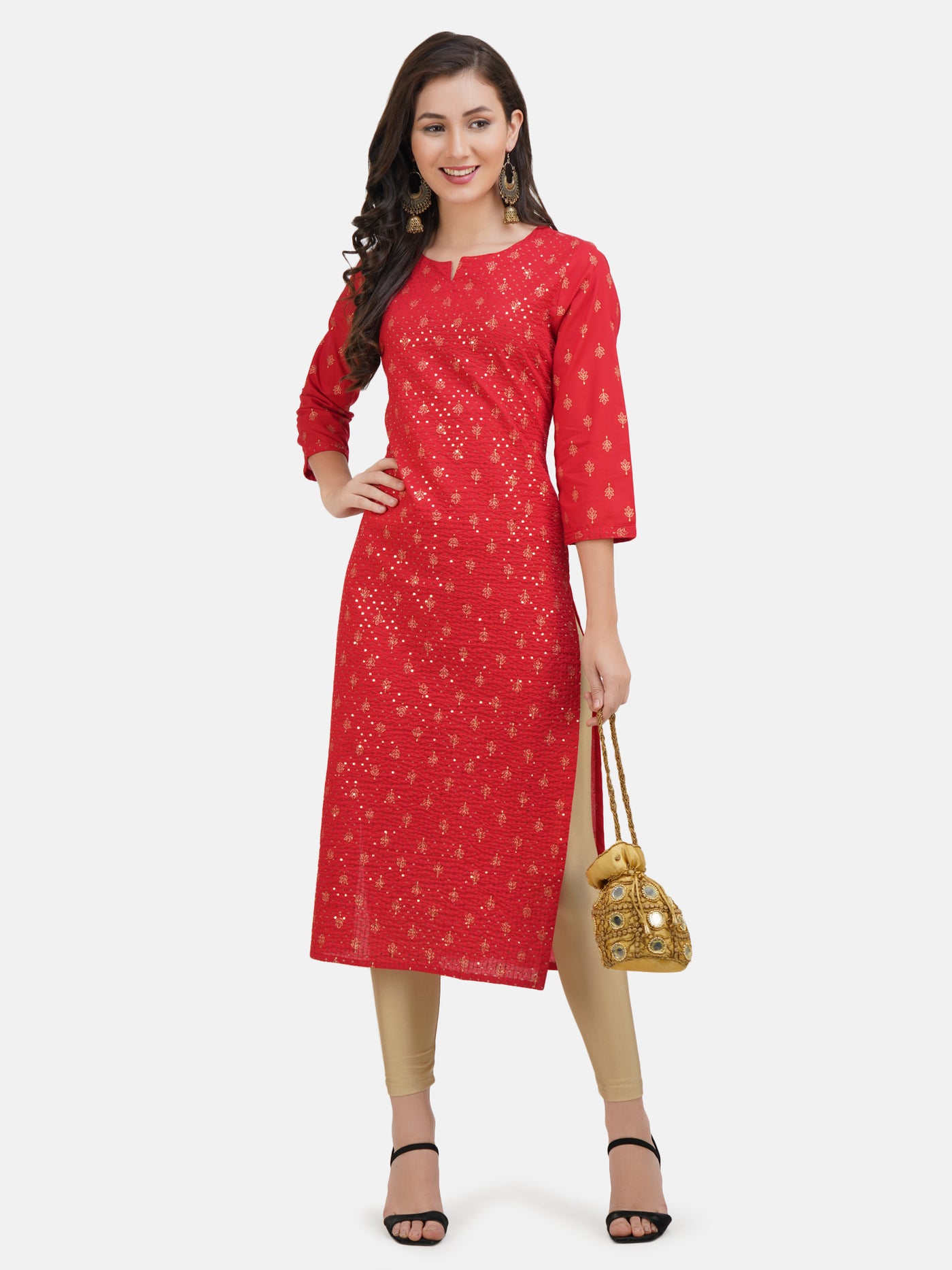 Women's Red Printed Cotton Kurta With Sequinned and Thread Work