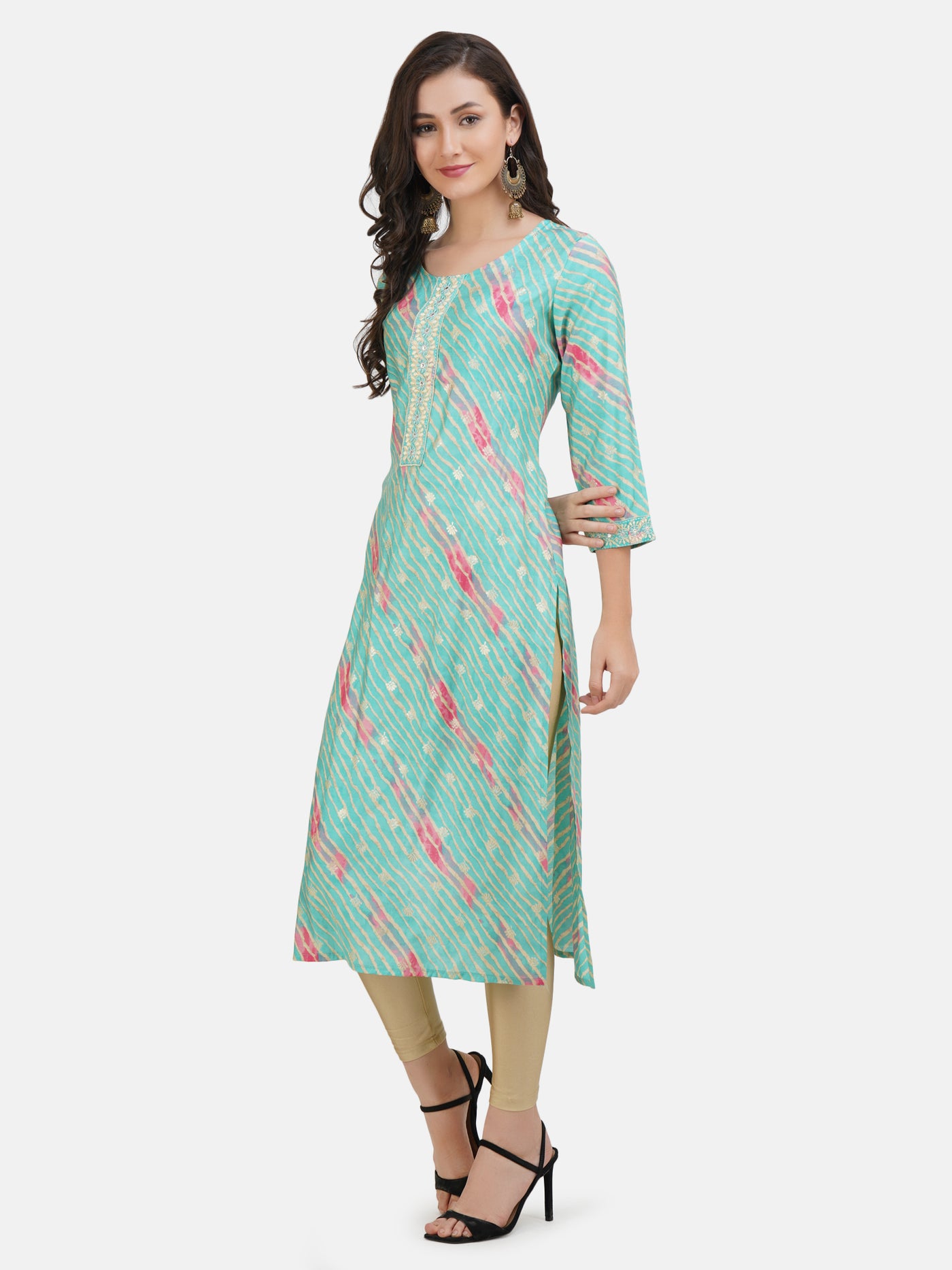 Women's Green Striped Gold Toned Embroidered Straight Kurta