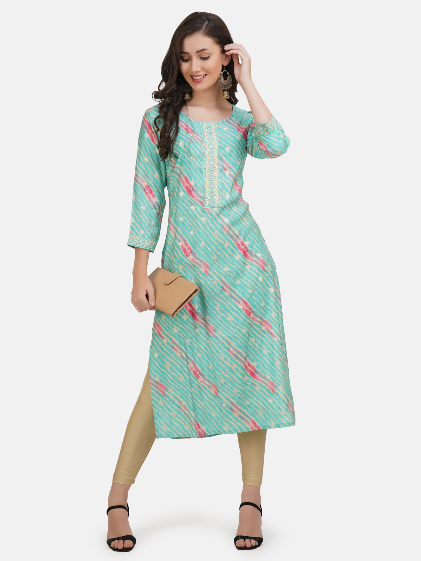 Women's Green Striped Gold Toned Embroidered Straight Kurta