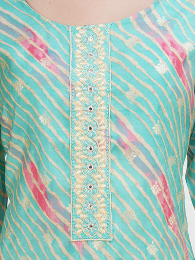 Women's Green Striped Gold Toned Embroidered Straight Kurta