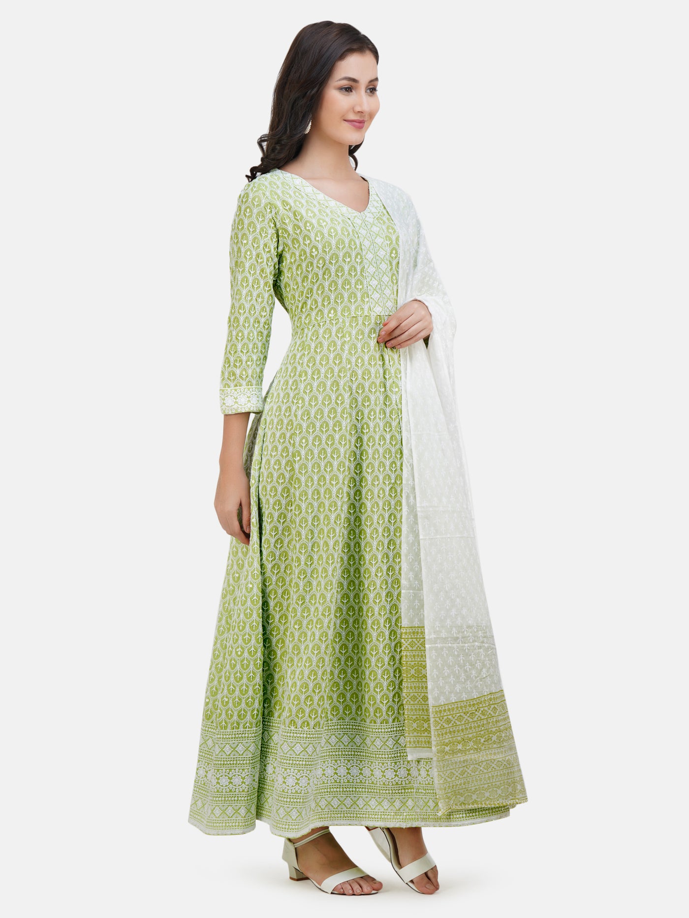 Women's Lime Green and White Chikankari Embroidery Work Sequinned Gown With Dupatta