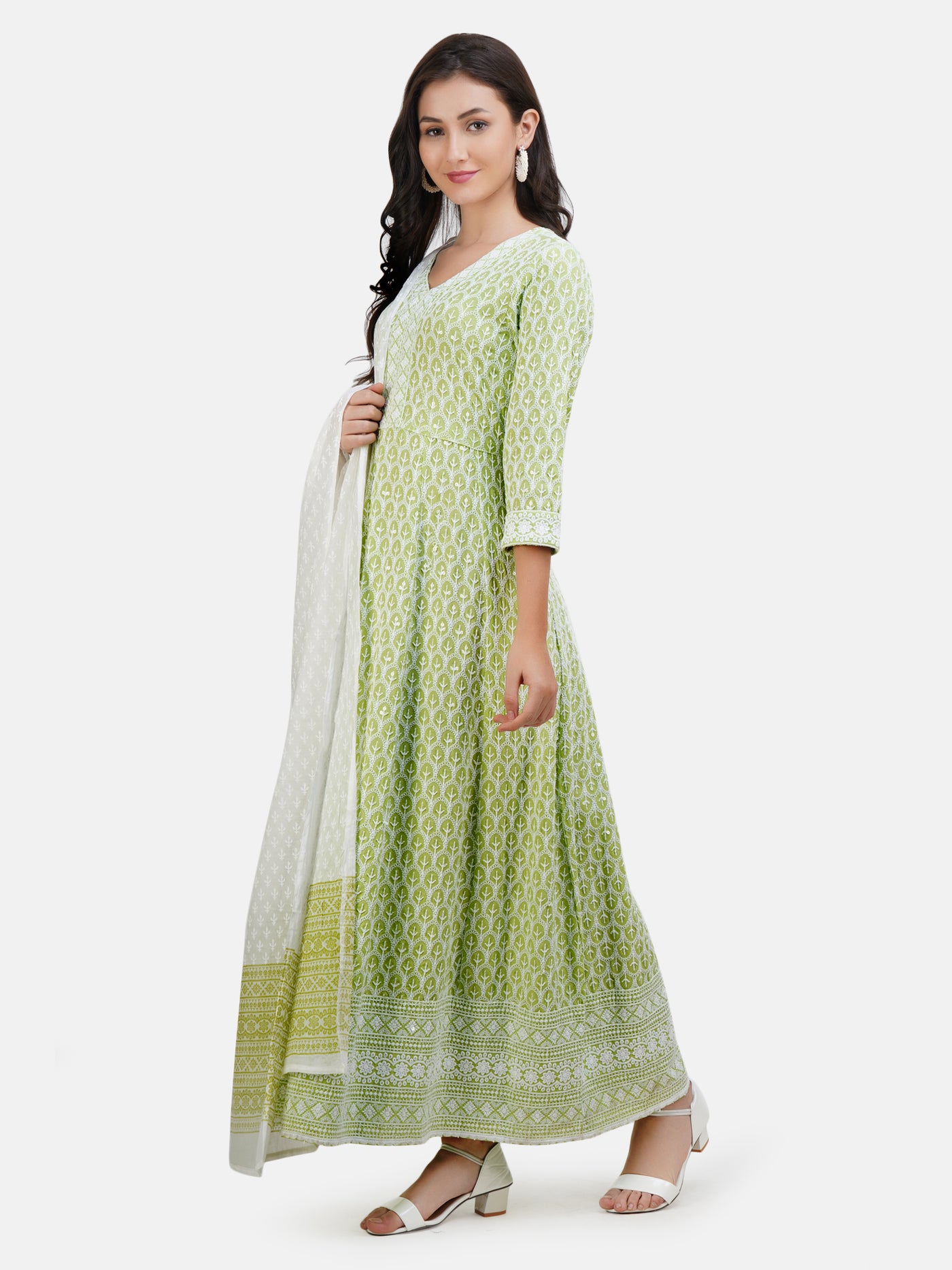 Women's Lime Green and White Chikankari Embroidery Work Sequinned Gown With Dupatta