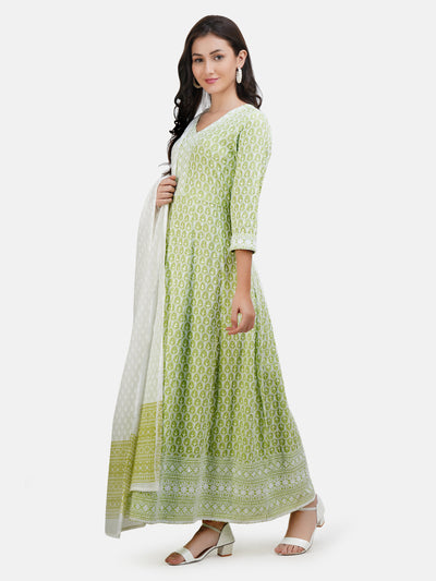 Robe à paillettes brodée Chikankari vert citron et blanc pour femme avec dupatta