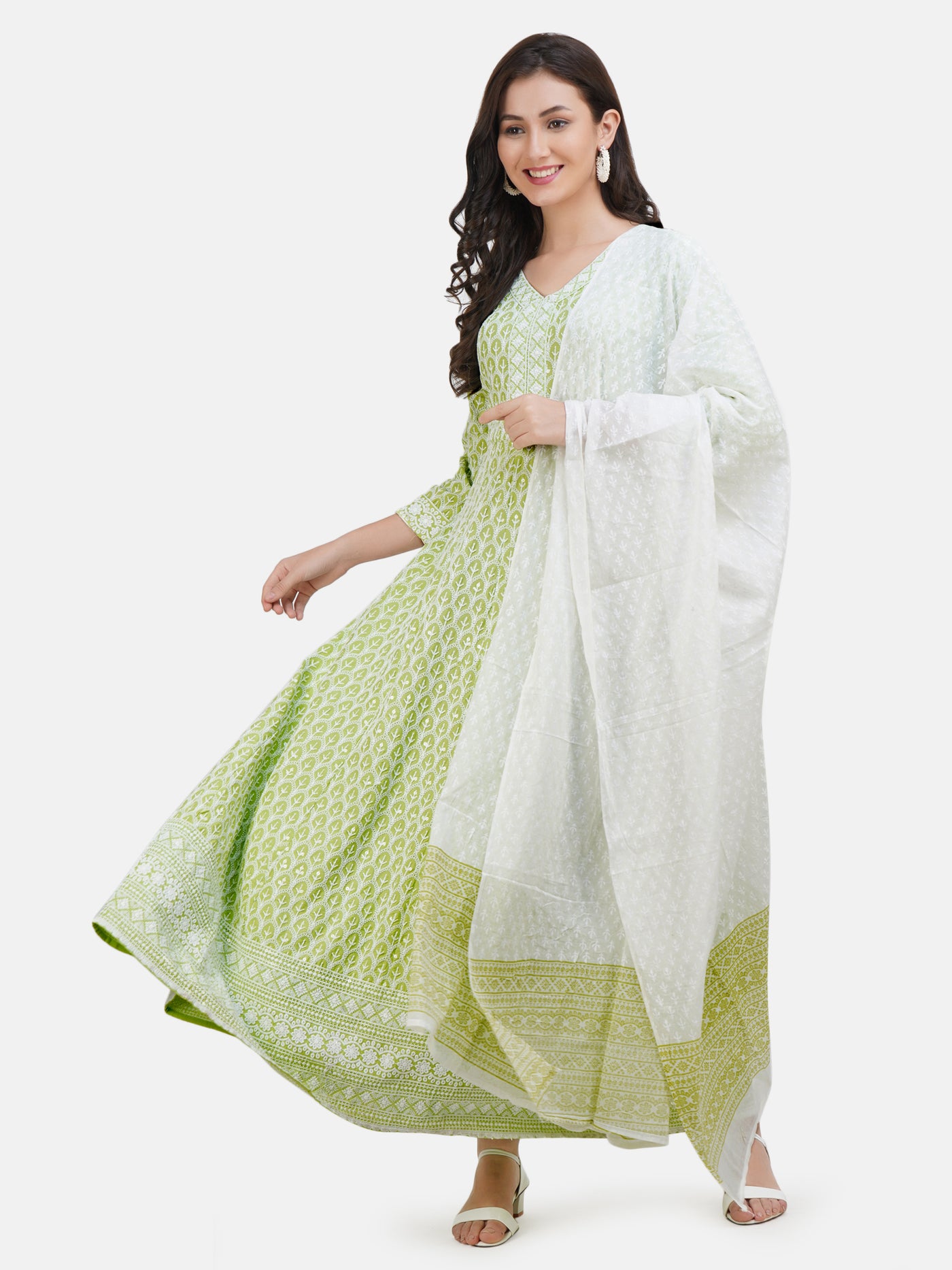 Women's Lime Green and White Chikankari Embroidery Work Sequinned Gown With Dupatta