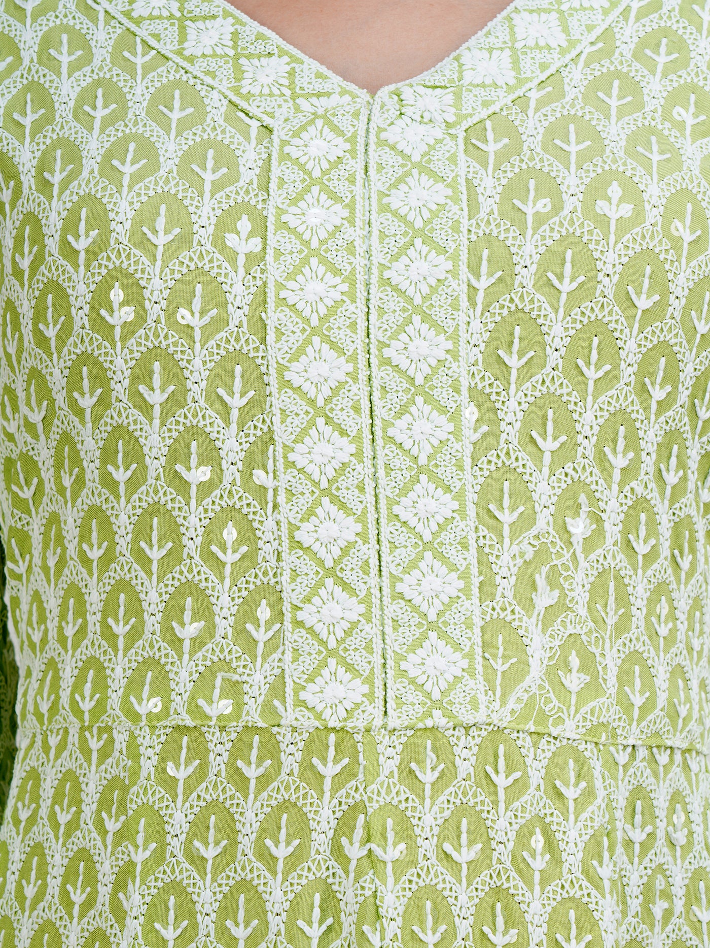 Women's Lime Green and White Chikankari Embroidery Work Sequinned Gown With Dupatta