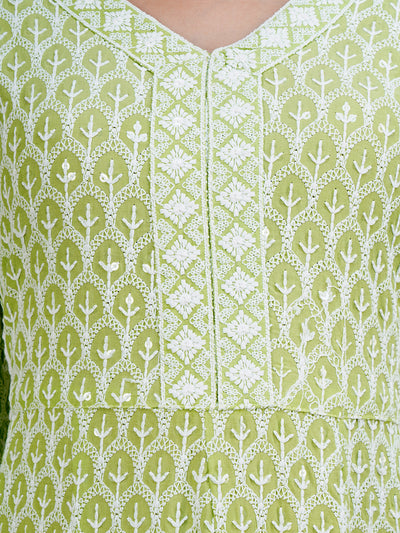 Robe à paillettes brodée Chikankari vert citron et blanc pour femme avec dupatta