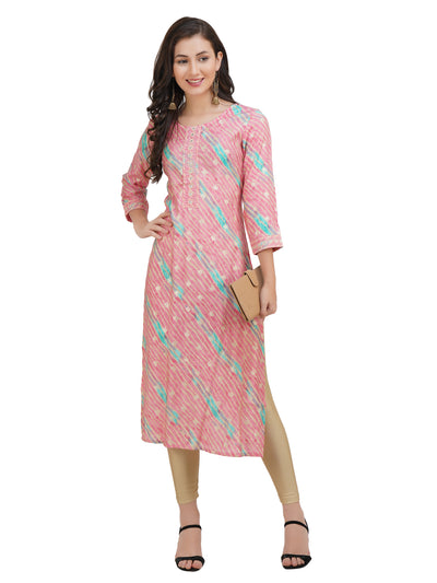 Women's Pink Striped Gold Toned Embroidered Straight Kurta