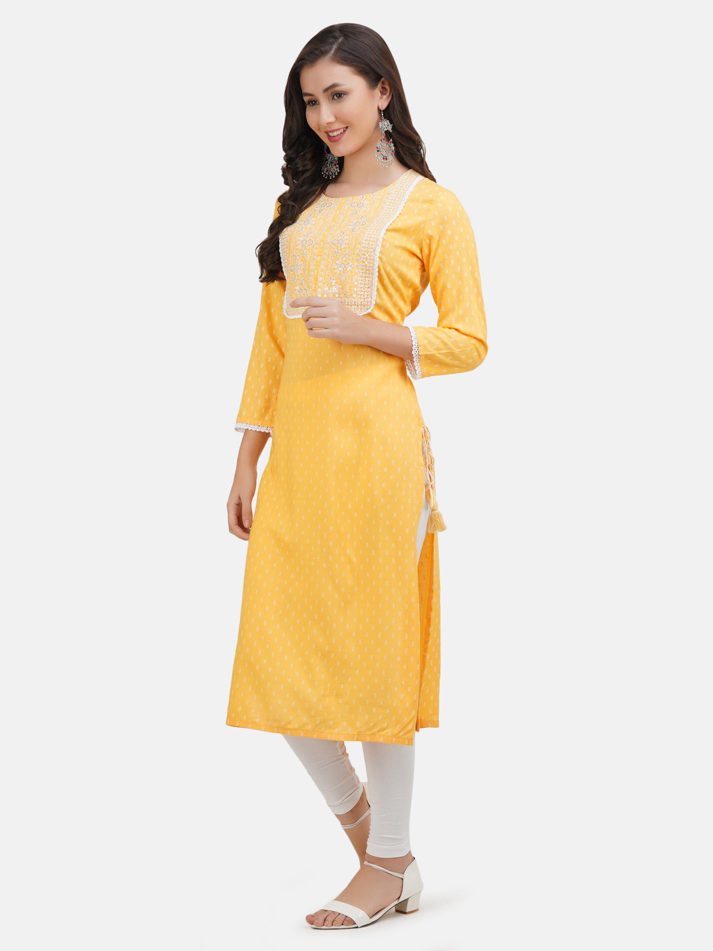 Women's Yellow Coloured Yoke Design Embroidered Straight Kurta