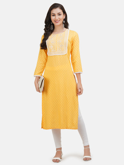 Women's Yellow Coloured Yoke Design Embroidered Straight Kurta