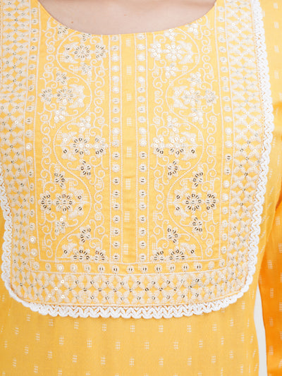 Women's Yellow Coloured Yoke Design Embroidered Straight Kurta