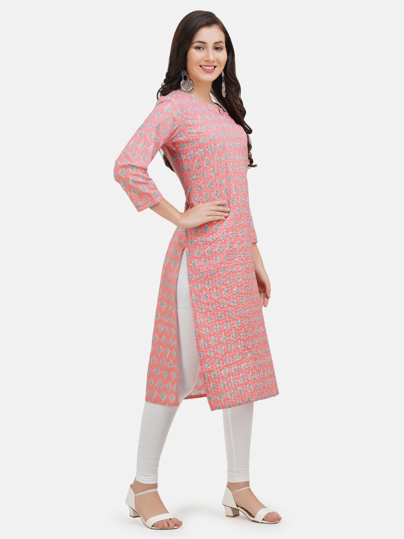 Women's Peach Coloured Ethnic Motifs Printed Sequinned Keyhole Neck Kurta With Thread Work