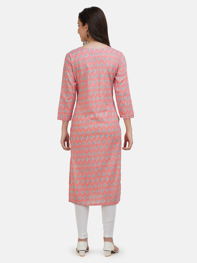 Women's Peach Coloured Ethnic Motifs Printed Sequinned Keyhole Neck Kurta With Thread Work