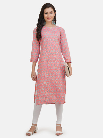 Women's Peach Coloured Ethnic Motifs Printed Sequinned Keyhole Neck Kurta With Thread Work