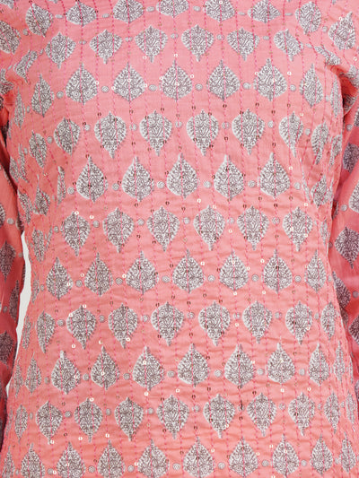 Women's Peach Coloured Ethnic Motifs Printed Sequinned Keyhole Neck Kurta With Thread Work