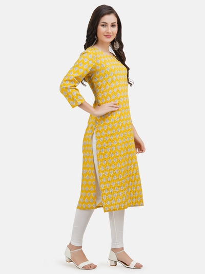 Women's Yellow Cotton Printed Thread worked Straight Kurta